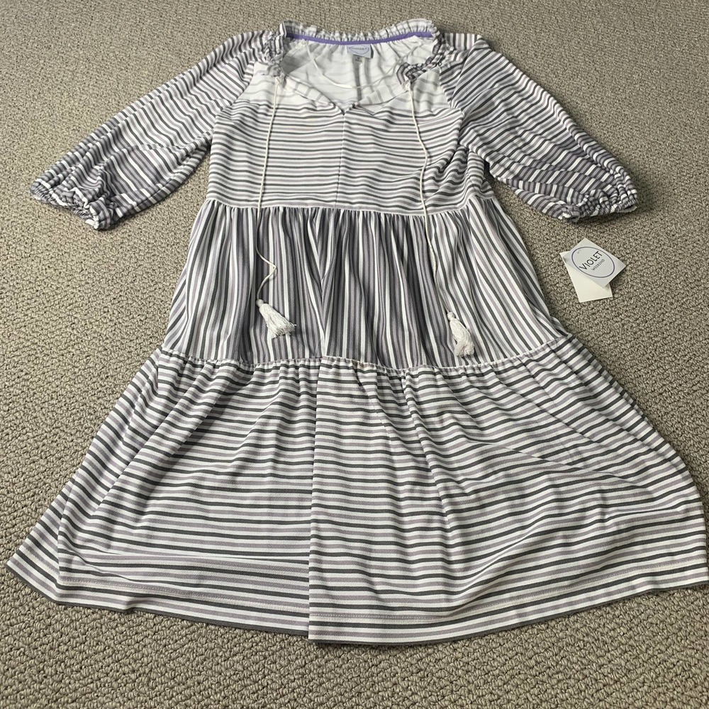 Violet Weekend Womens Dress Size Medium Gray/Purple Striped Tasseled Neck NWT